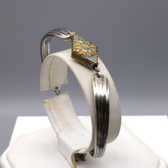 Vintage Community Silver Plate Utensil Bracelet, Upcycled Bangle with Floral - Picture 2 of 5